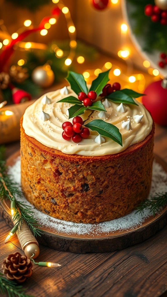 A traditional Christmas fruit cake decorated with marzipan and icing, topped with holly and berries, on a wooden table with holiday decorations.